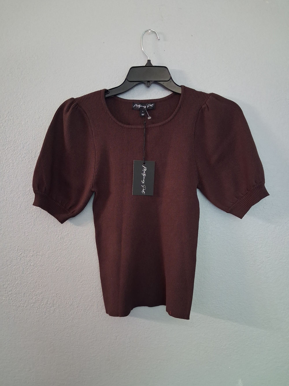 Puff Sleeve Ribbed Top — Dark Brown